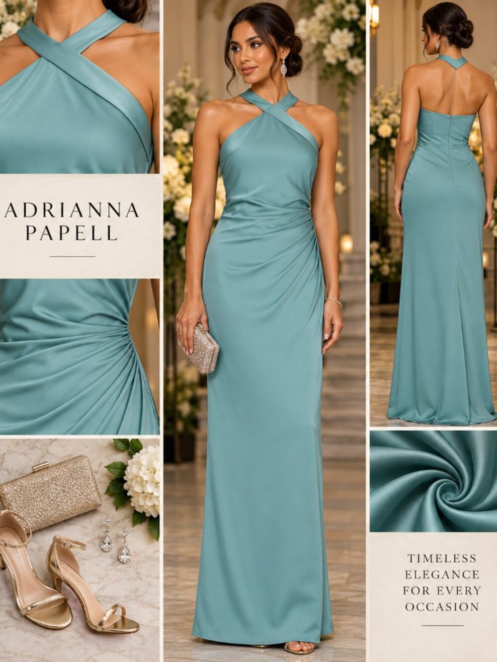 Adrianna Papell Jungle Olive Halter Formal Maxi Gown Size 14 NWT
